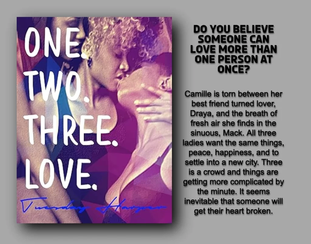 THIS GRAPHIC FEATURES THE COVER AND BOOK SUMMARY FOR ONE TWO THREE LOVE WRITTEN BY TUESDAY HARPER
ON THE LEFT SIDE IS THE BOOK COVER WITH THE TITLE IN WHITE LETTERING: ONE TWO THREE LOVE. IN THE BACKGROUND IS THREE BLACK WOMEN IN AN INTIMATE/KISSING EMBRACE. 
ON THE RIGHT SIDE IS THE BOOK SUMMARY: Do you believe someone can love more than one person at once? Camille is torn between her best friend turned lover, Draya, and the breath of fresh air she finds in the sinuous, Mack. All three ladies want the same things, peace, happiness, and to settle into a new city. Three is a crowd and things are getting more complicated by the minute. It seems inevitable that someone will get their heart-broken.