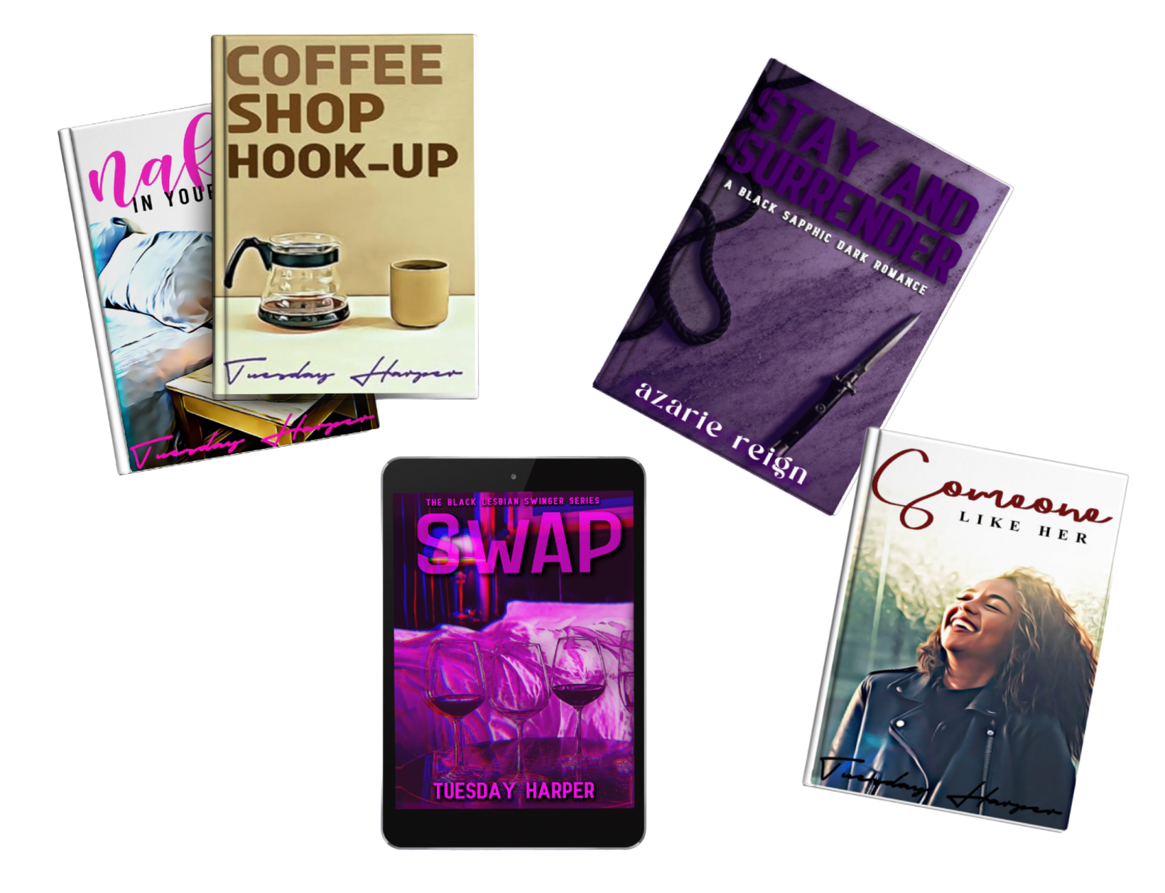 A Kindle and a stack of Tuesday Harper romance books, in the author’s original mockup.
