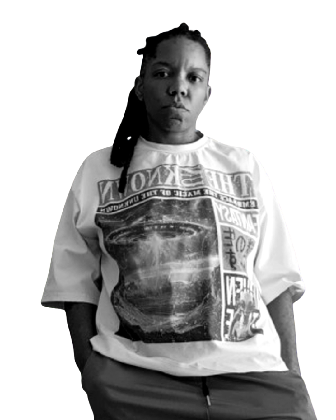 Black and white portrait of Tuesday Harper wearing a graphic T-shirt.